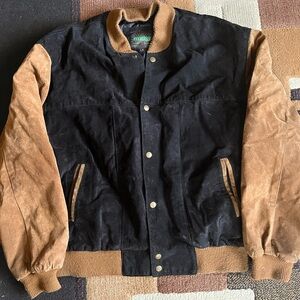 Men’s Leather Black and Brown Contrast Bomber Jacket